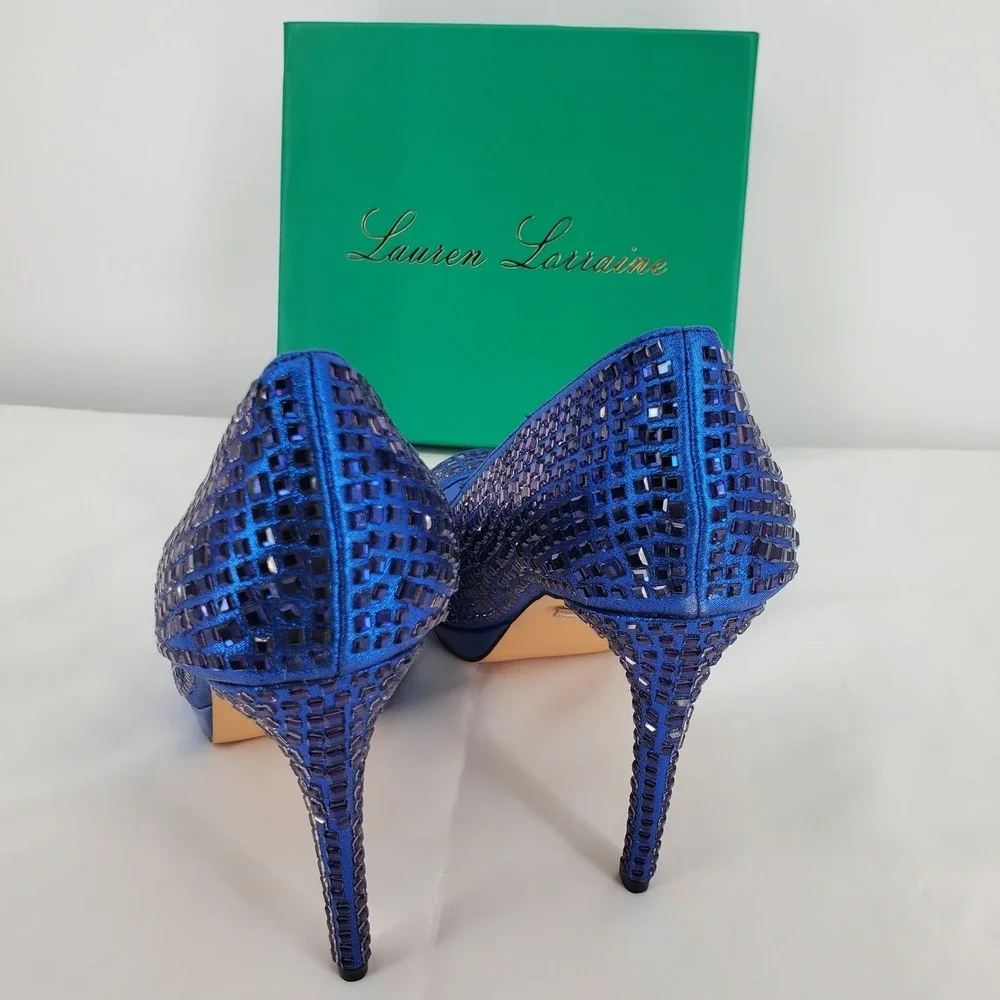 Lauren Lorraine Size 9.5 Candie 12 Rhinestone Peep Toe Platform Heels Navy Blue